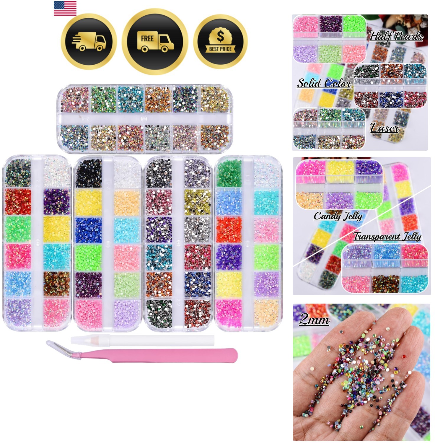 5 Boxes Nail Art Rhinestones Half Pearls Kit 3D Flatback Jelly Crystal Gems D…