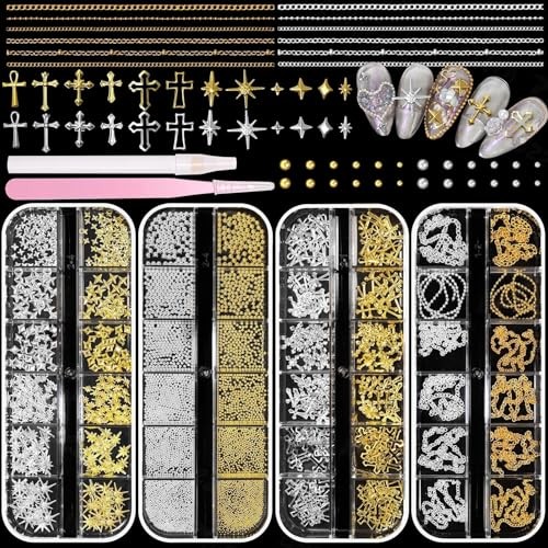 Gold Silver Caviar Nail Beads, 3D Starburst Chain Cross Nail Charms, Alloy S2