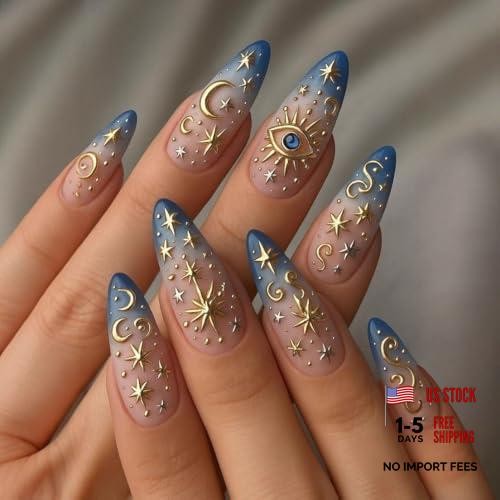 Gold Star Press on Nails Medium Almond Fake Nails Blue Ombre False Style 7