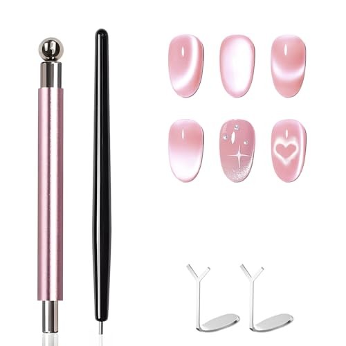4-Piece Cat Eye Magnet Set – Black Bead-Attracting Nail Magnet Pen & Heart Pink