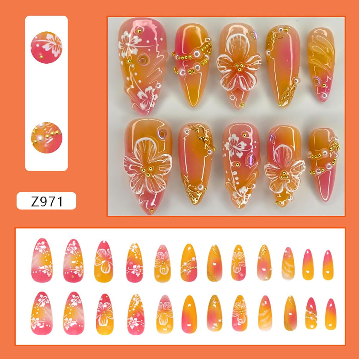 24Pcs Flower Press on Nails Medium Almond Fake Nails 3D Floral with Gold Pearl R