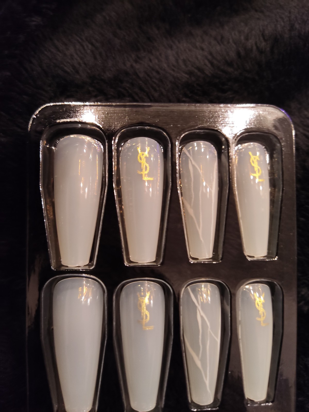 White Gold Salon Press On Nails Luxury Logo Design Long Coffin Ballerina Glossy