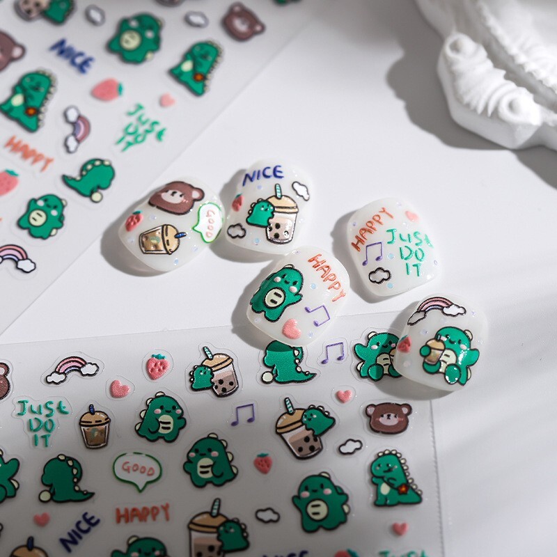 5D Cute Dinosaur Nail Stickers, Cartoon Dinosaur Nail Decals, Bubble Tea (24)