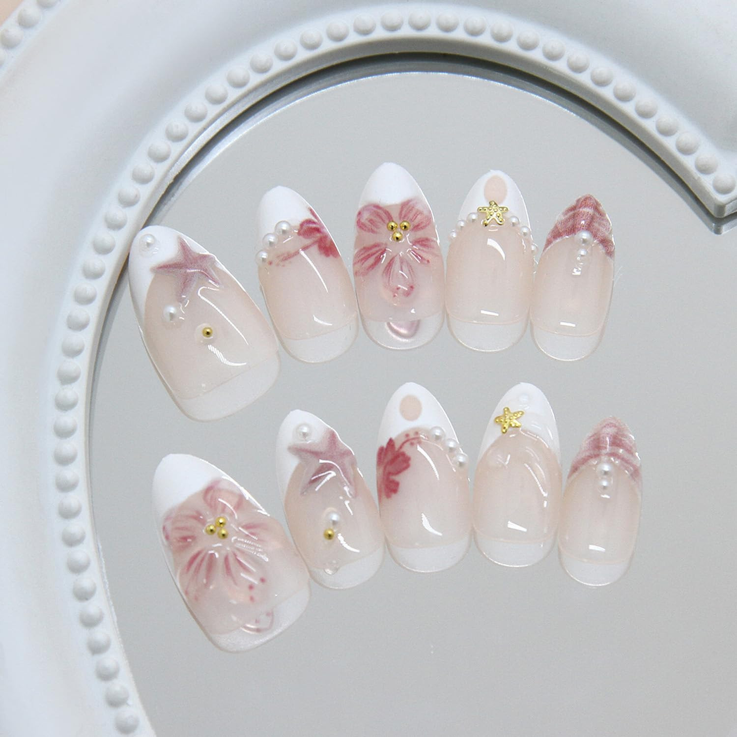 Nude Pink Summer Beach Press on Nails, Short Oval Fake Nails with 3D Cherry Star