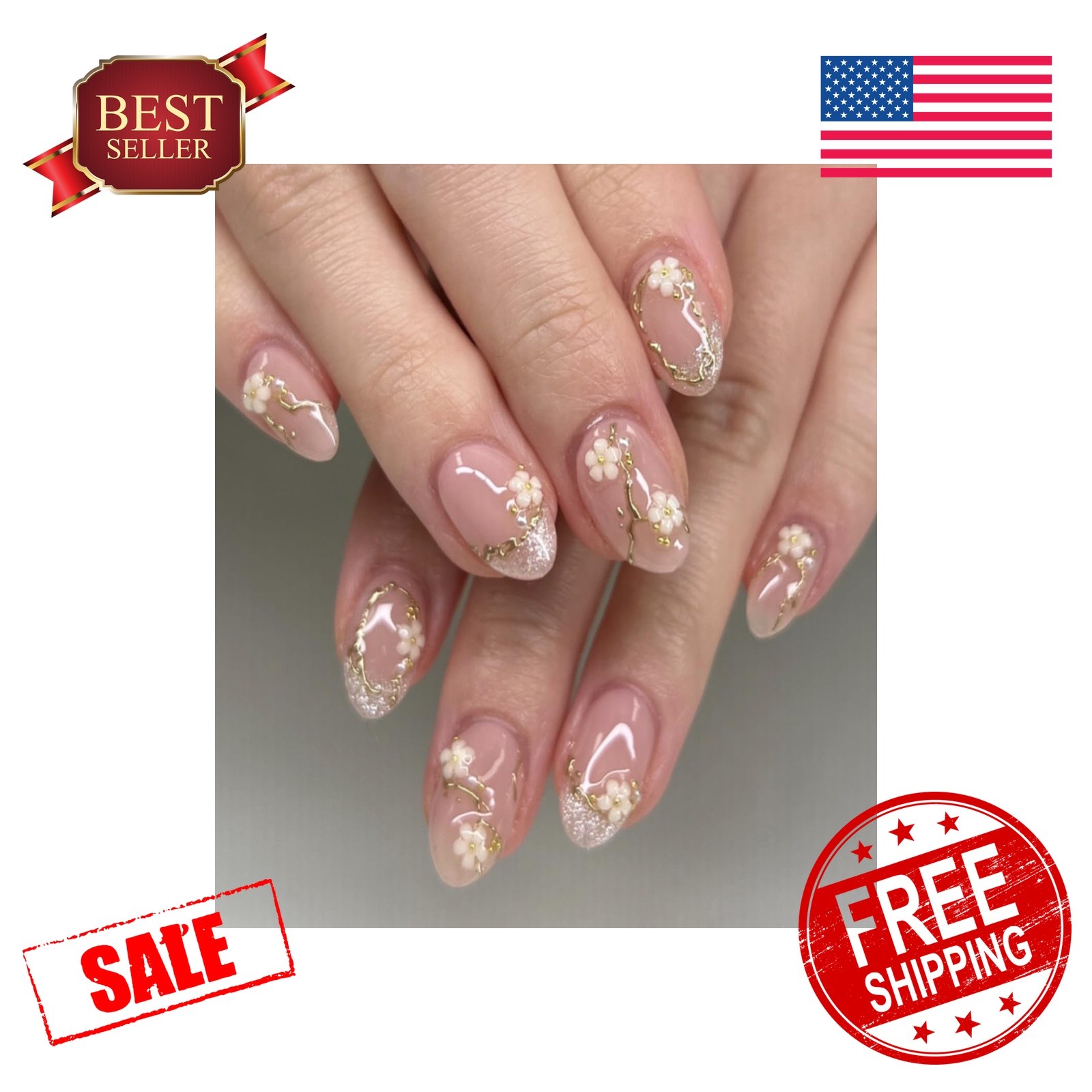 HIXENIFY French Tip Nails Pink Floral 01