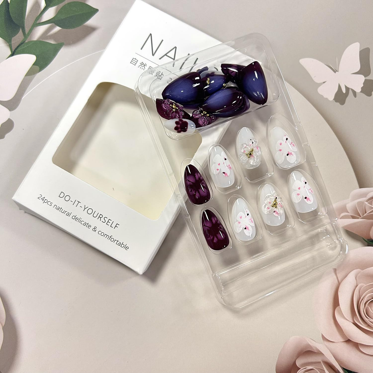 Press on Nails Medium Length Almond Shaped 3D Flower False Nails with Gold Rhine