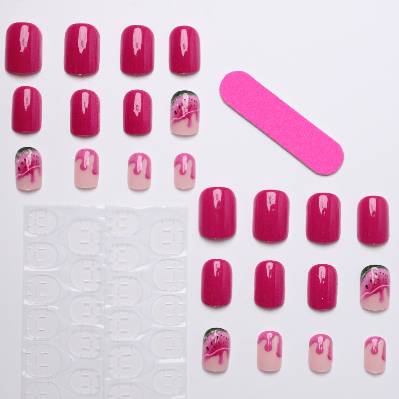 48Pcs-Summer Square False Nails Hot Pink Drip Watermelon Glossy Press on Nails