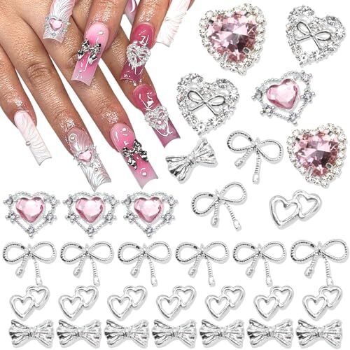 32PCS Bow Nail Charms 3D Silver Heart Shape Nail Art Charm Silver&Pink Bow