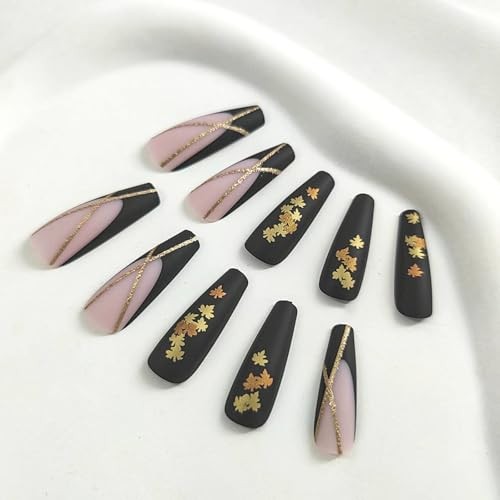 French Tip Press On Nails, 24pcs Long Coffin Maple Leaves Glitter Designs