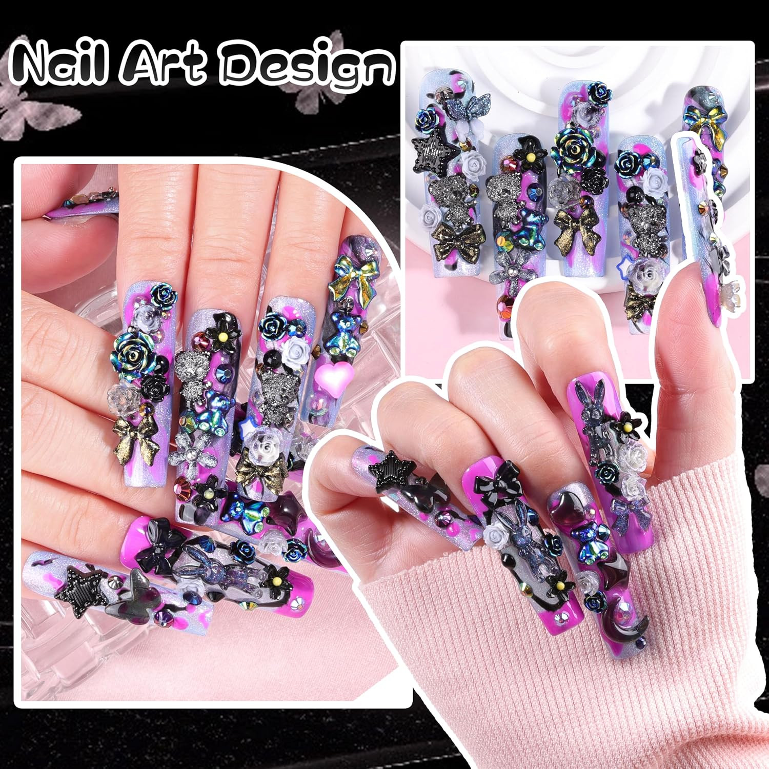 1500Pcs 3D Black Nail Charms for Acrylic Nails, Resin Butterfly Flower Star Hear