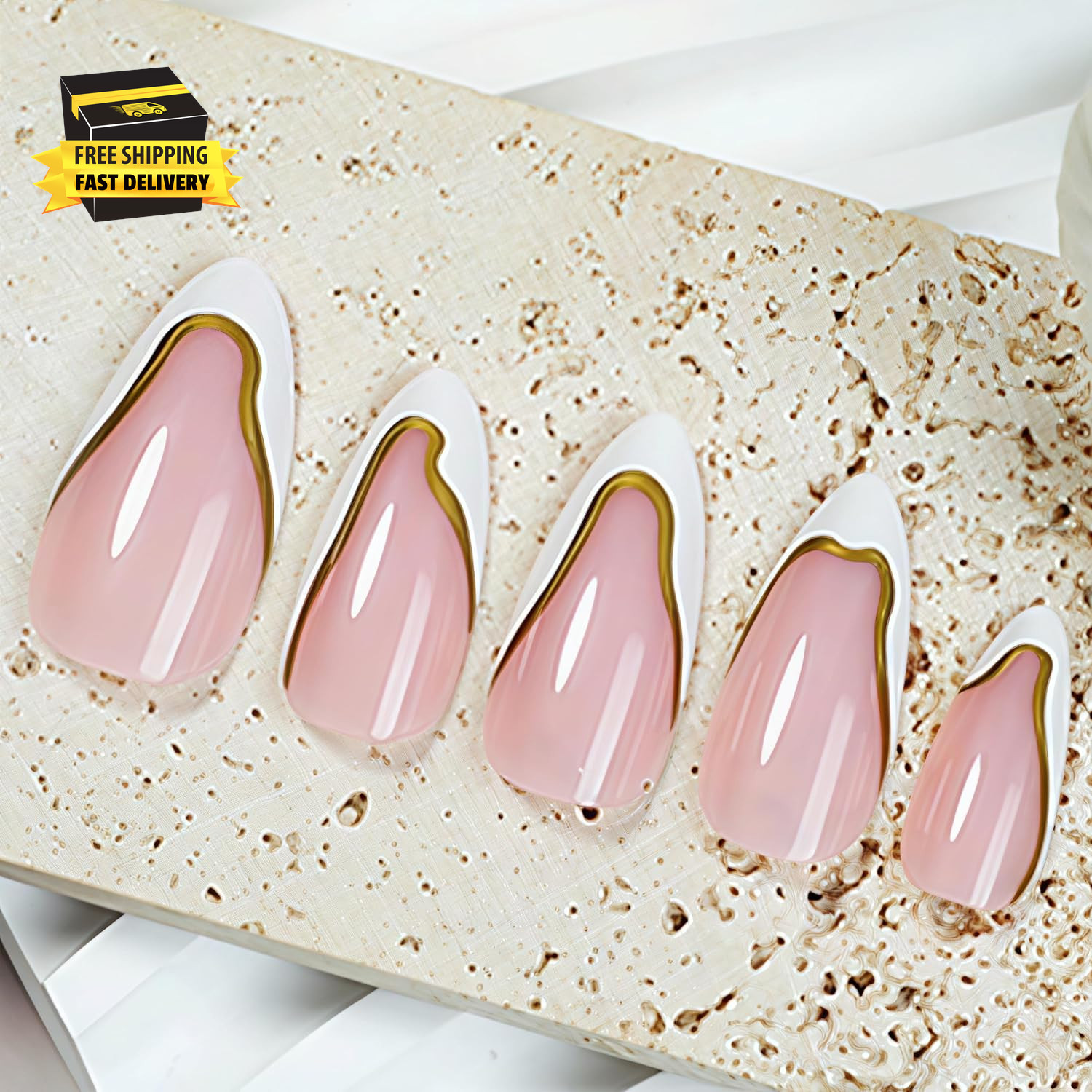 White French Tip Press on Nails Short Almond Fake Nails with Chrome 3D Gold Wave