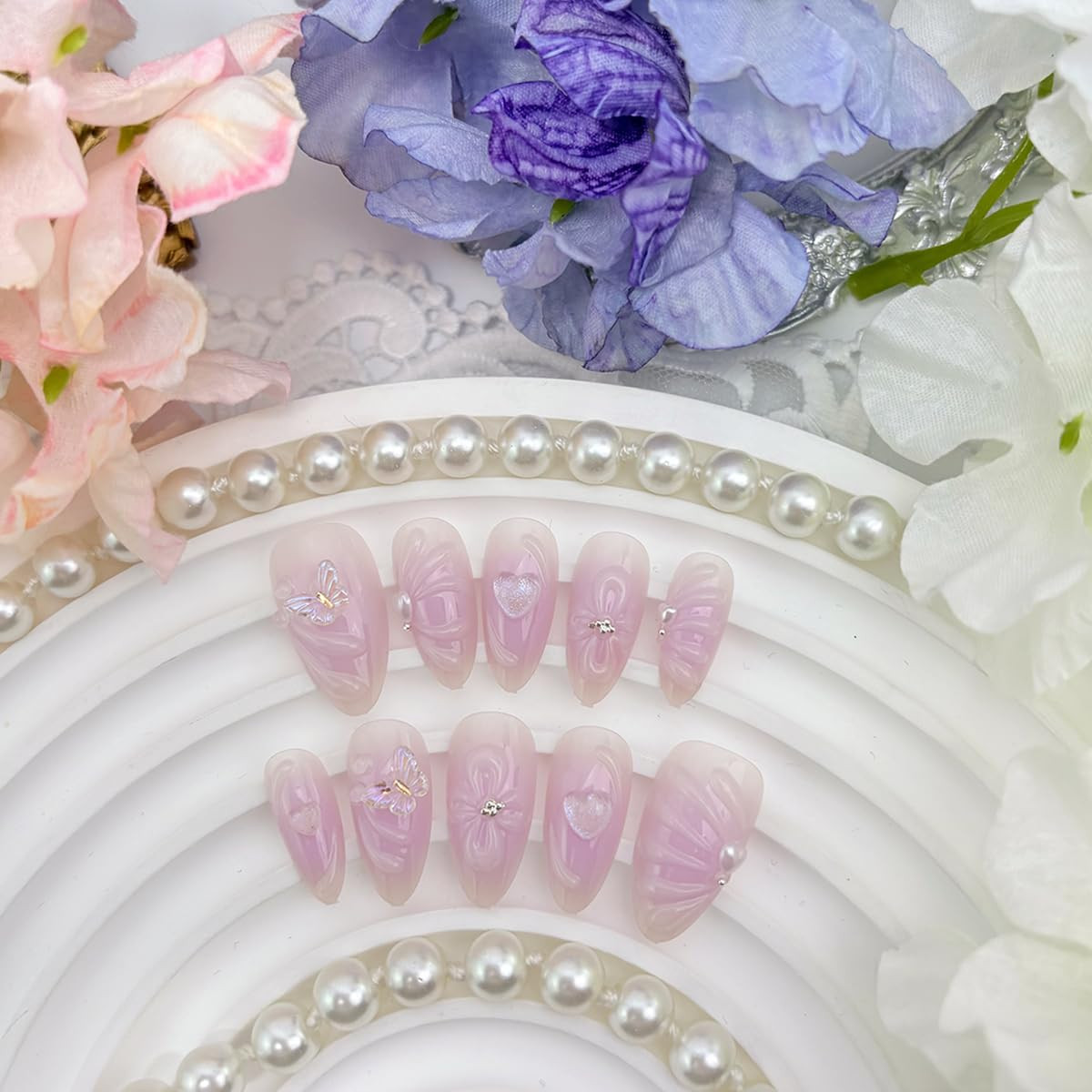 24Pcs Spring Flower Press on Nails Medium Almond Gradient Purple False Nails wit