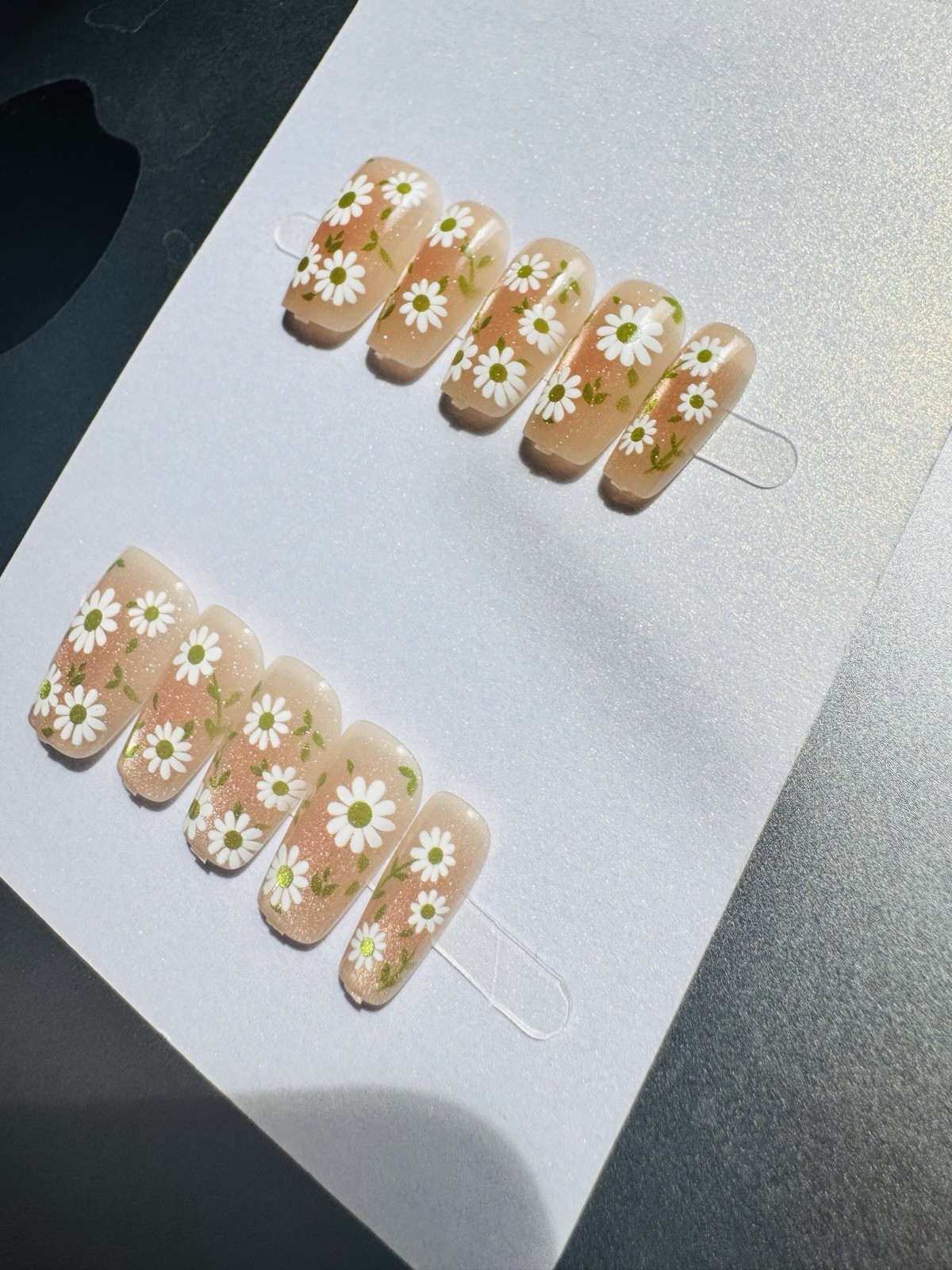 Press-On Nails Medium Square Beige/White/Yellow/Green Flowers Glossy Full Cover