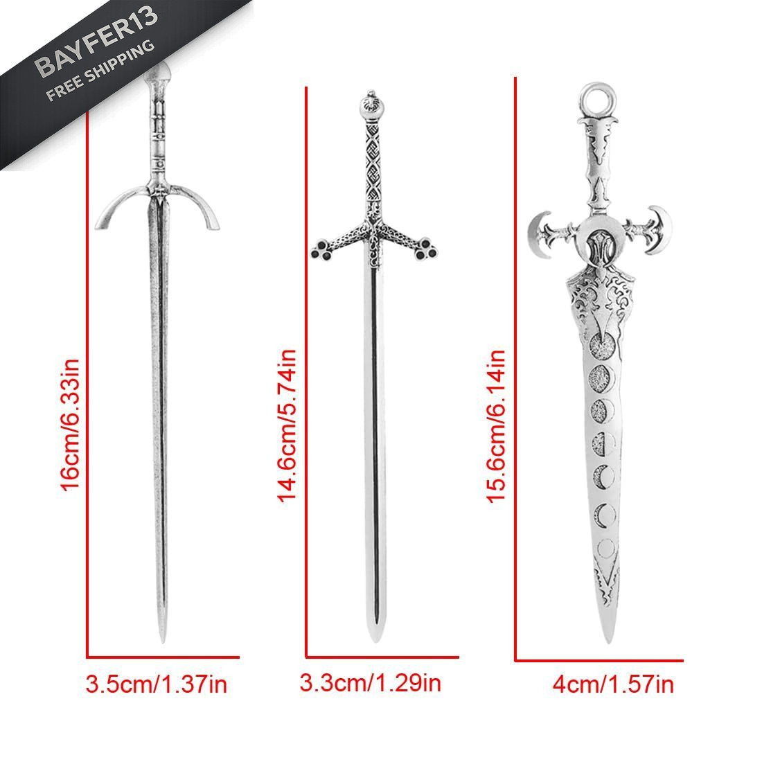 3-Piece Sword Hair Pin Set – Gothic and Viking 1 Count (Pack of 3), Silver