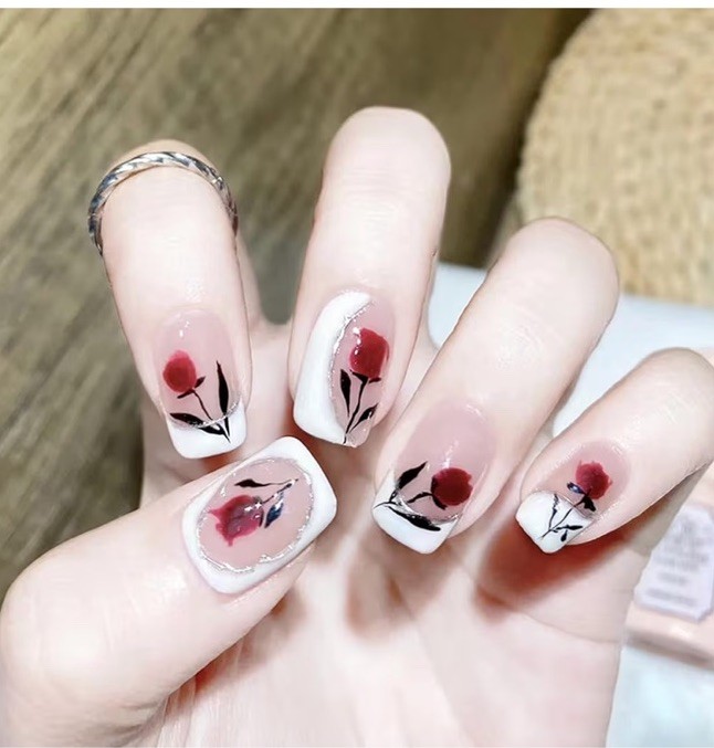Press-On Nails Set, Pink Red White Black, Flower French, Short Square. Full Set