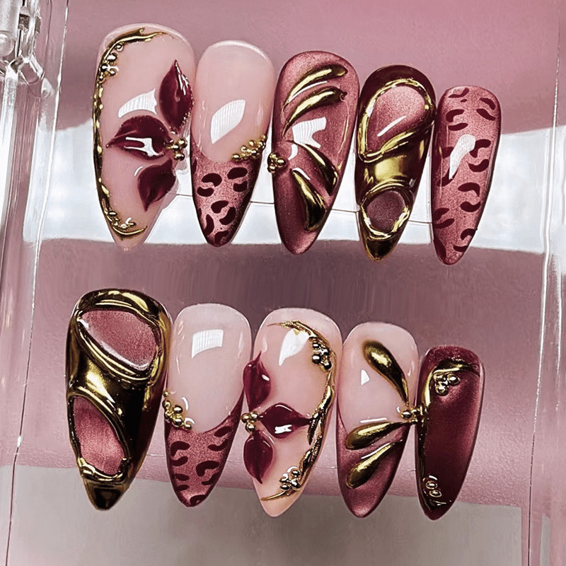 48pcs Wine Red Cat Eye Gold Foil Metal Nails, Retro Luxury Press on Nails