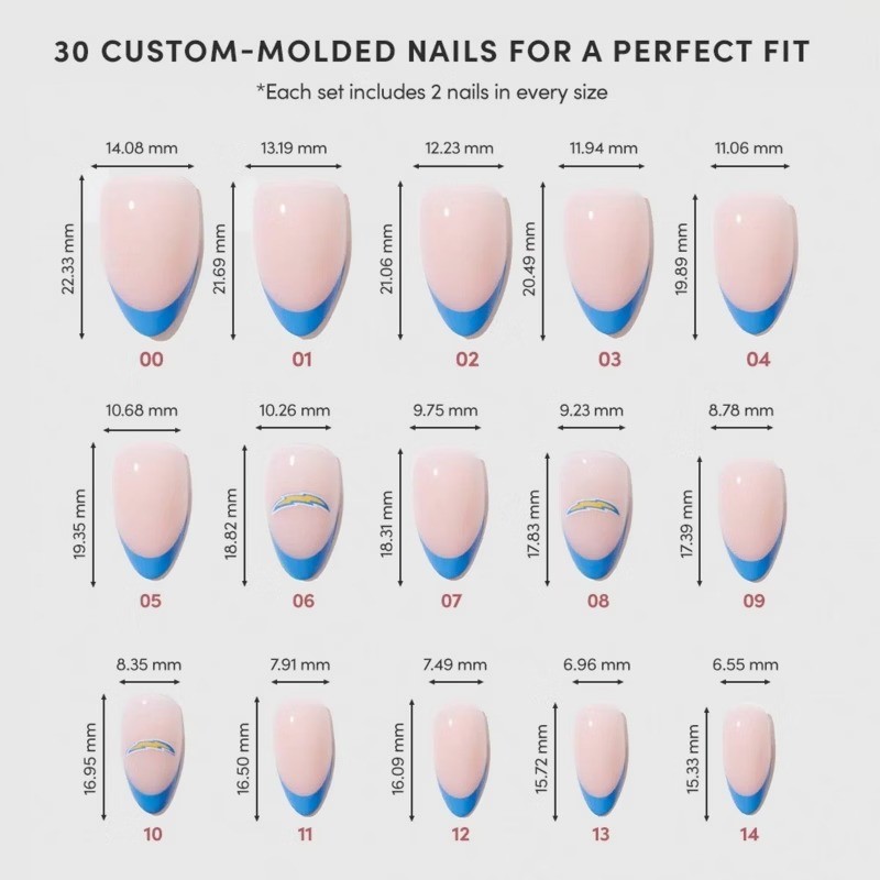 Los Angeles Chargers Press-On Nails: Almond Shape, Gloss Finish, 30 Pieces