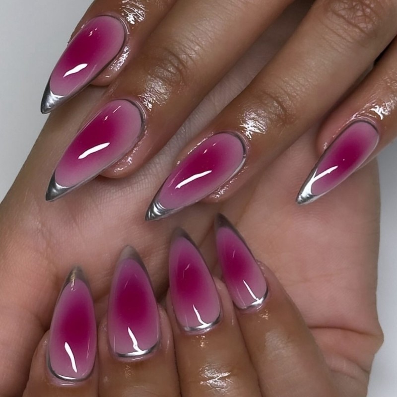 Fashionable Rose Red And Silver French Almond Press on Nail Acrylic Nail Tips