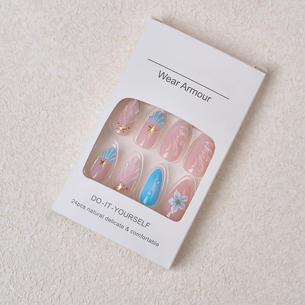Mermaid Press on Nails for – Ocean French Tip with Gold Stars & 3D Waves, No …