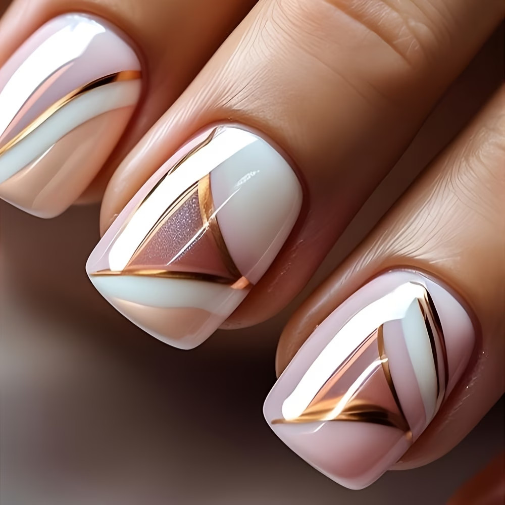 24pcs Glossy Short Squoval Fake Nails White Pink Press on Nails with Golden