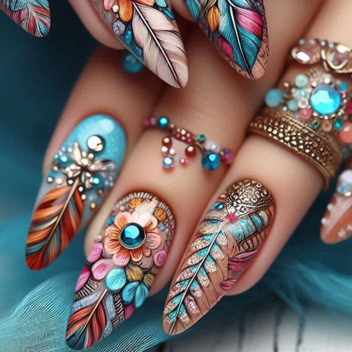 96PCS Press on Nails Feather Peacock Long Stiletto Colorful Reusable Fake Nails