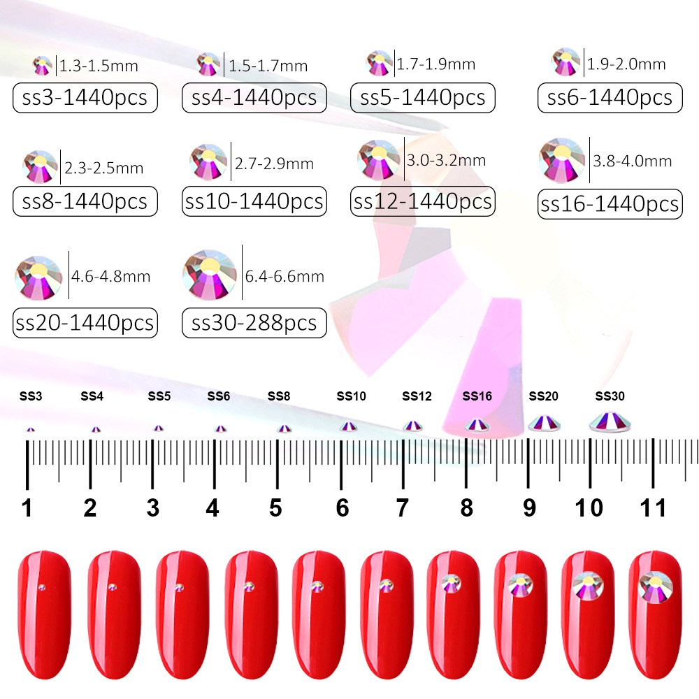 1440pcs Glitter Nail Art Rhinestones Flatback Crystals Gems 3D Nails Decoration