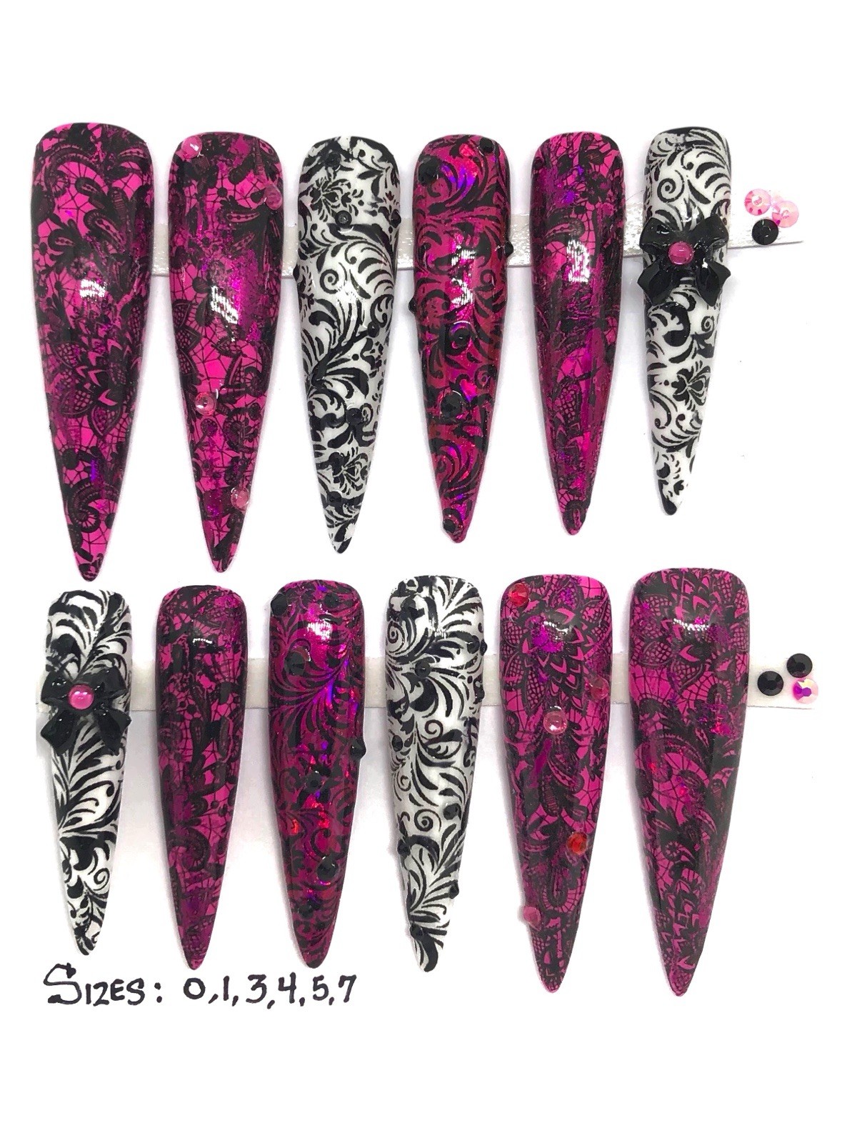 Handmade Custom Press On Nails 2X Length Stiletto Pink White Black Lace Nails
