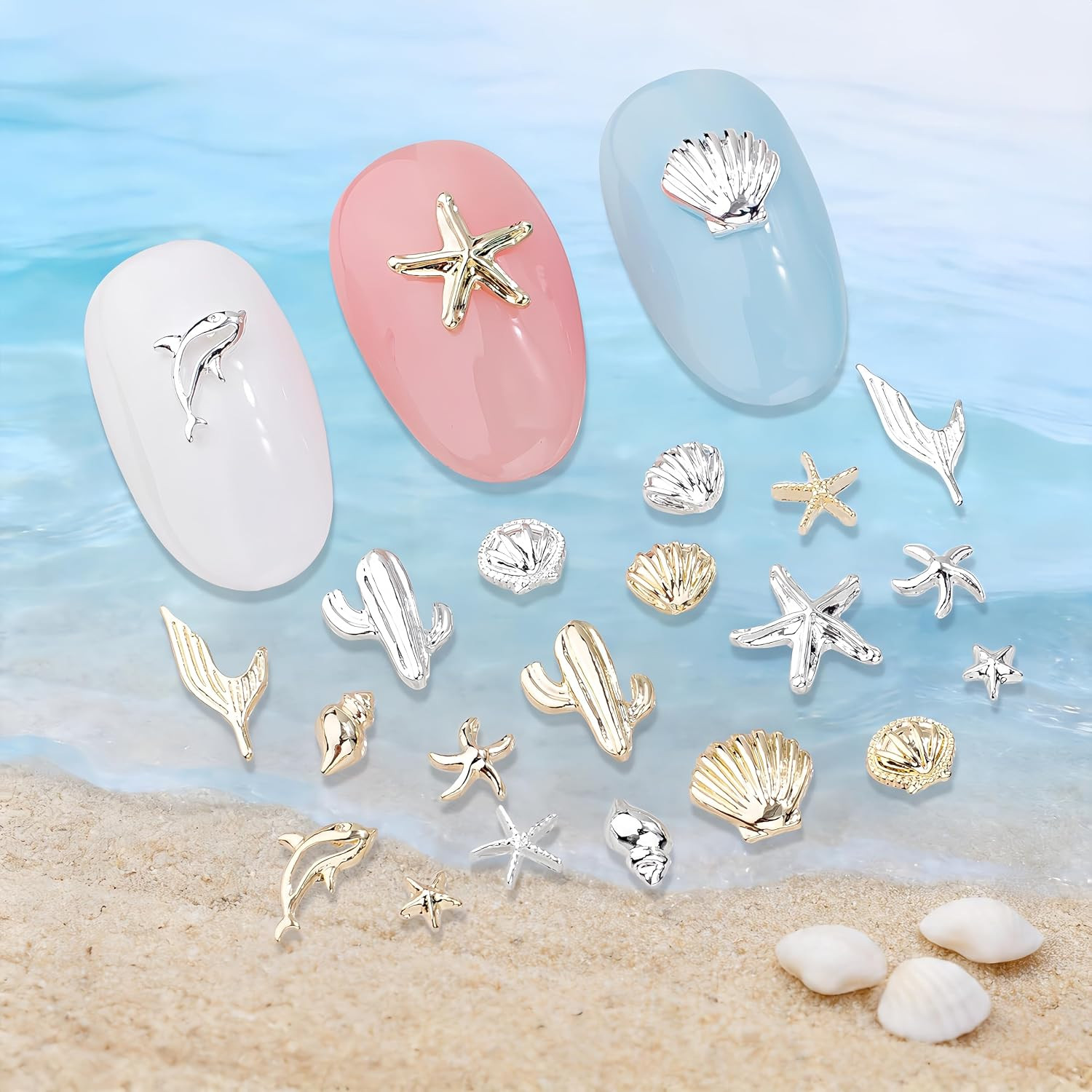 80Pcs Summer Beach Nail Charms Summer Ocean Nail Rhinestones Metal Small Starfis