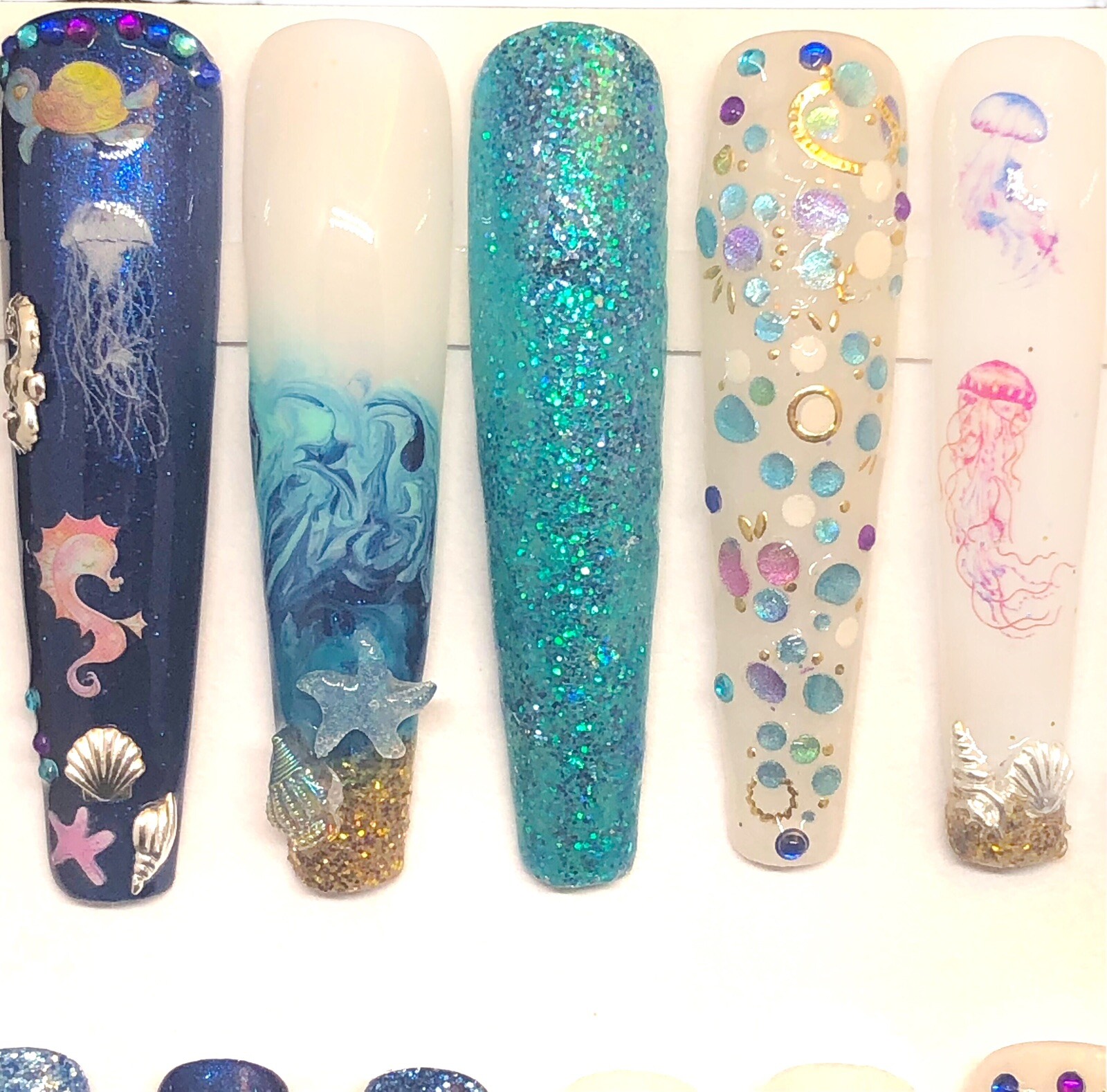Custom Handmade Press On Nails 2X Long Coffin Blue Summer Ocean Beach Nails