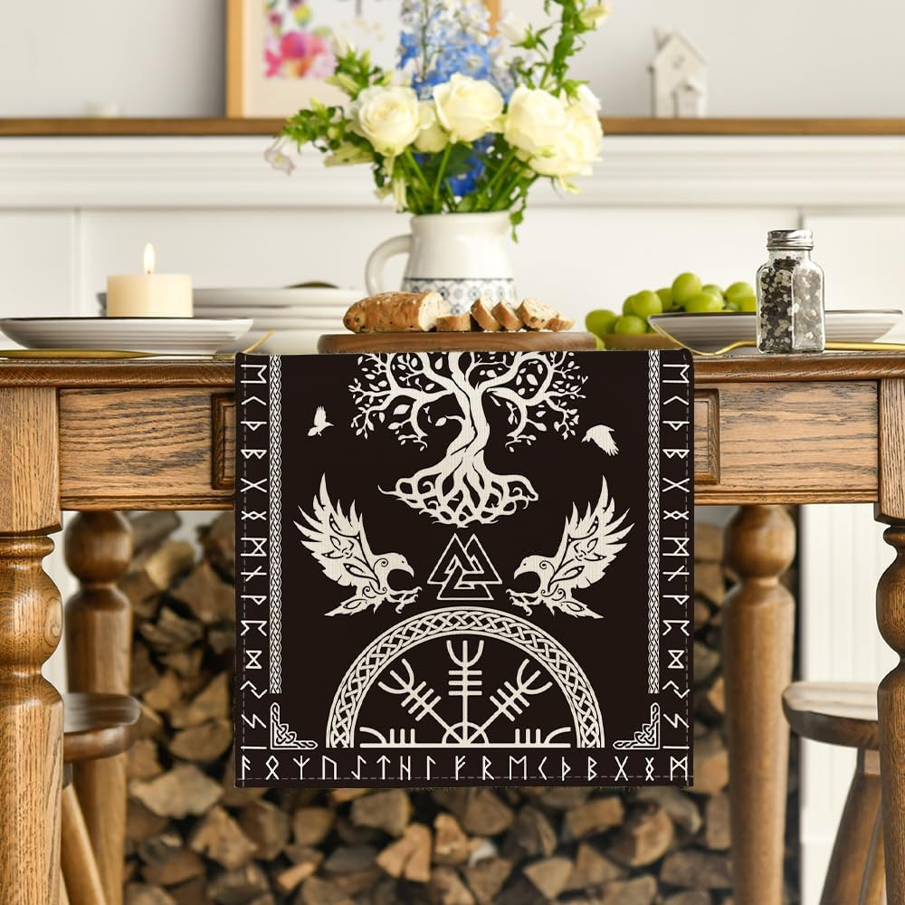 Black Viking Tree of Life Raven Helmet of Awe Table Runner, Seasonal Kitchen Din