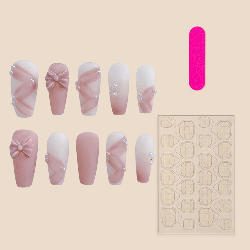 Long Coffin Fake Nail Pink Matte False Nail w/ Bow Bead French Tips Pres On Nail