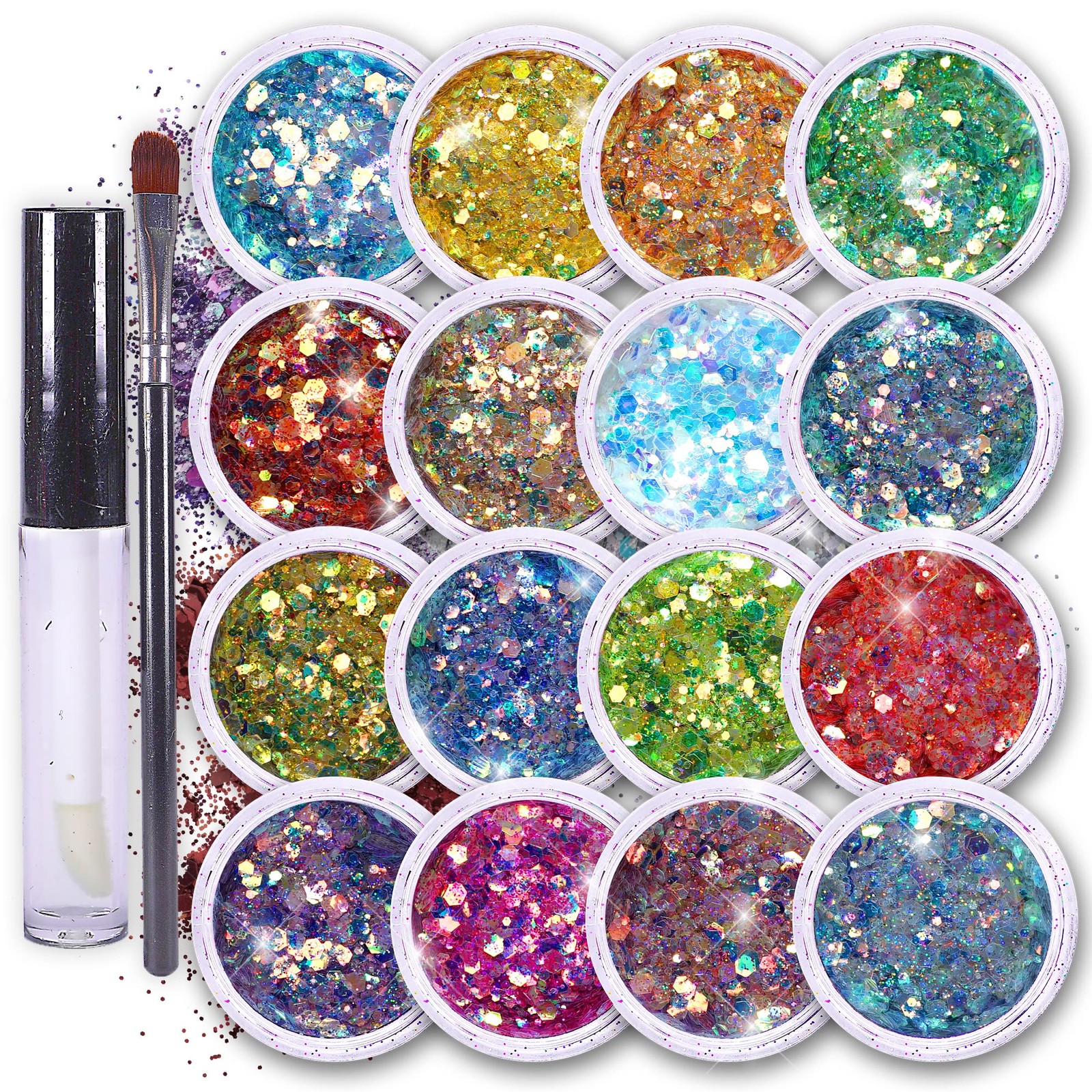 Body Glitter Set for Face & Hair – 16 Colors Fairy Tears Chunky Holographic Fest