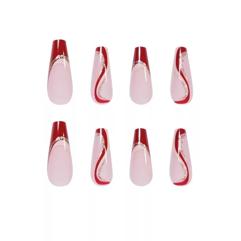 24 Nude Red swirl press on nails kit glue wavy lava design gold