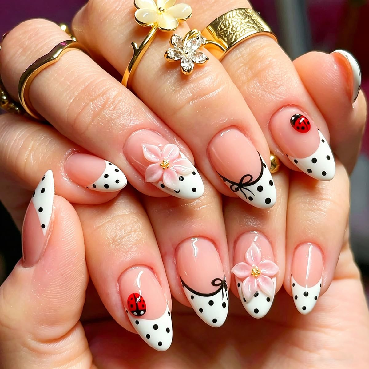 Almond Press on Nails Colorful Fake Nails Medium Summer Y2K False Nails with Str