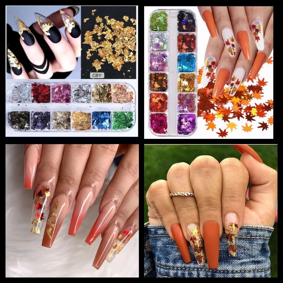 Combo 24 Colors Holographic Maple Leaf And Nail Foil Design For Acrylic,Dip,Gel