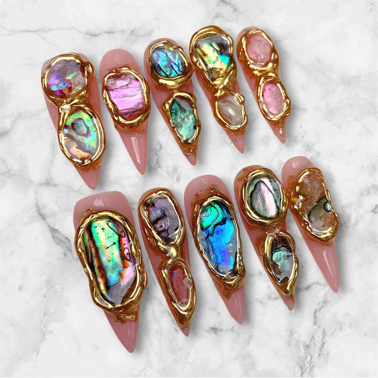 Custom Handmade Press on Nails Abalone Shell Golden Metal Luxury Salon Nail Art