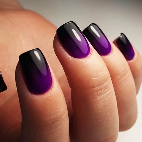 Press On Nails Short Square French Fake Nails with Gradient Designs Glossy