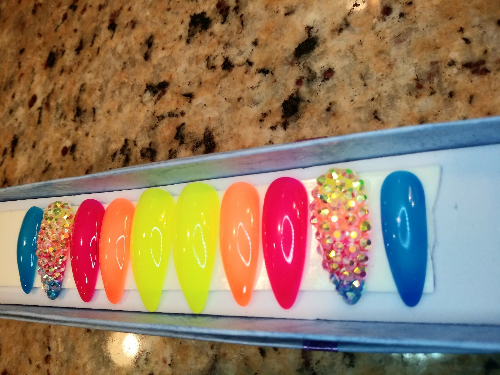 Neon Rainbow ombre bling nails w/ crystals Gel Press On jelly nails full set