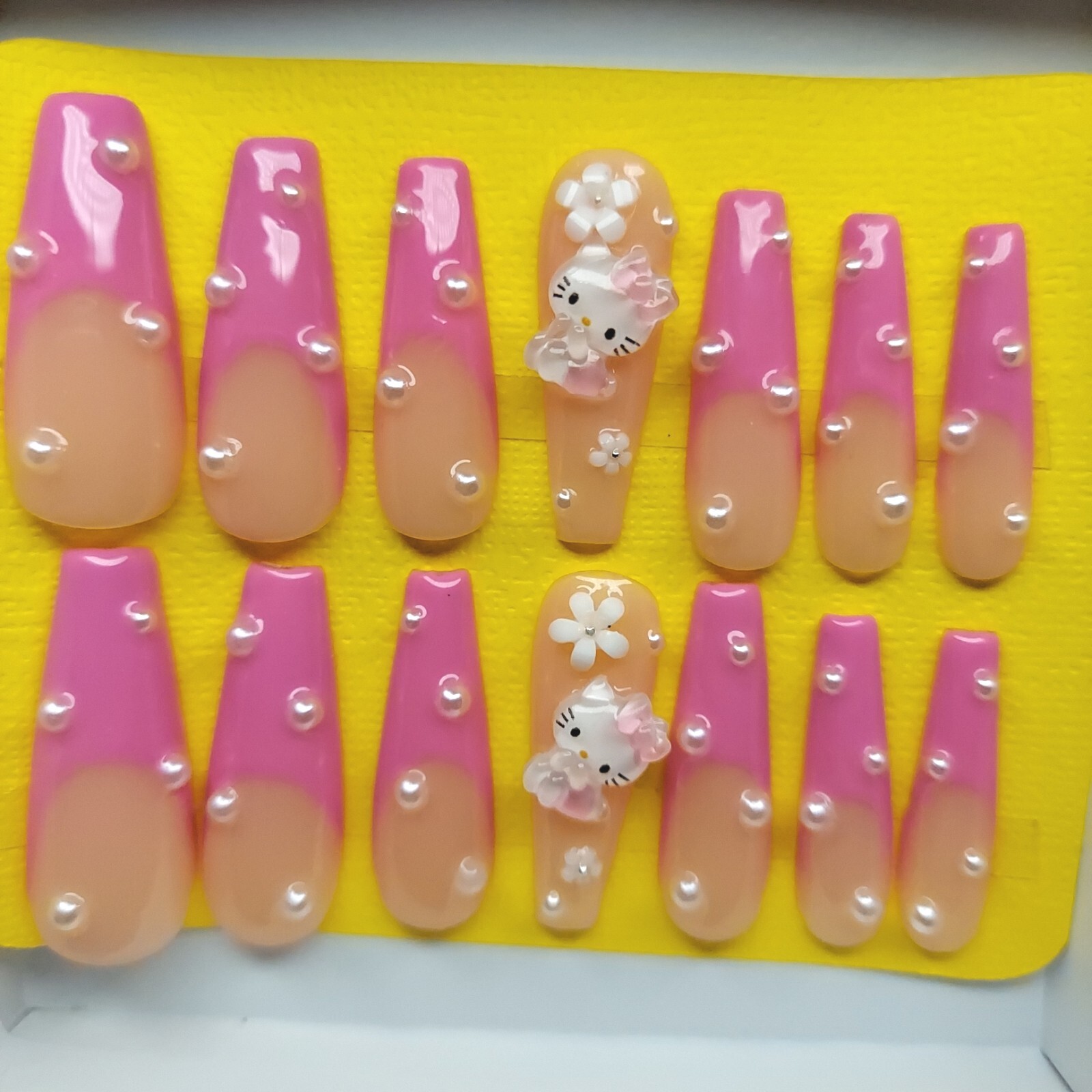 Kawaii Pink Hello Kitty Nails Pink French Nails Pearl Nails Pink Cat Nails