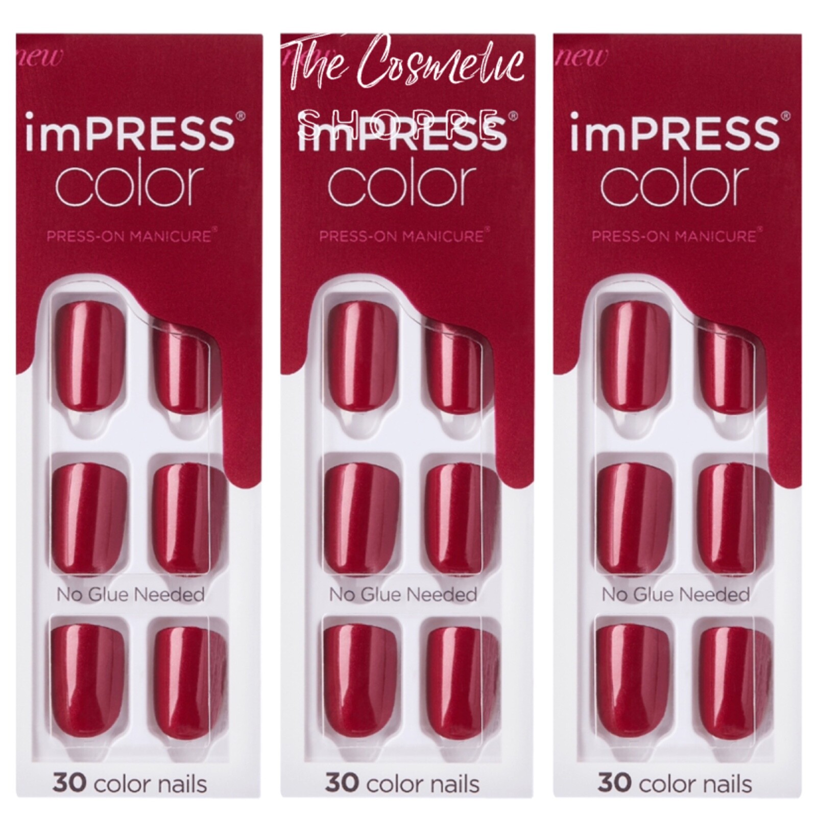 Kiss Impress Press On Manicure Short Length Nails 30 Count Red Velvet x 3 Pks