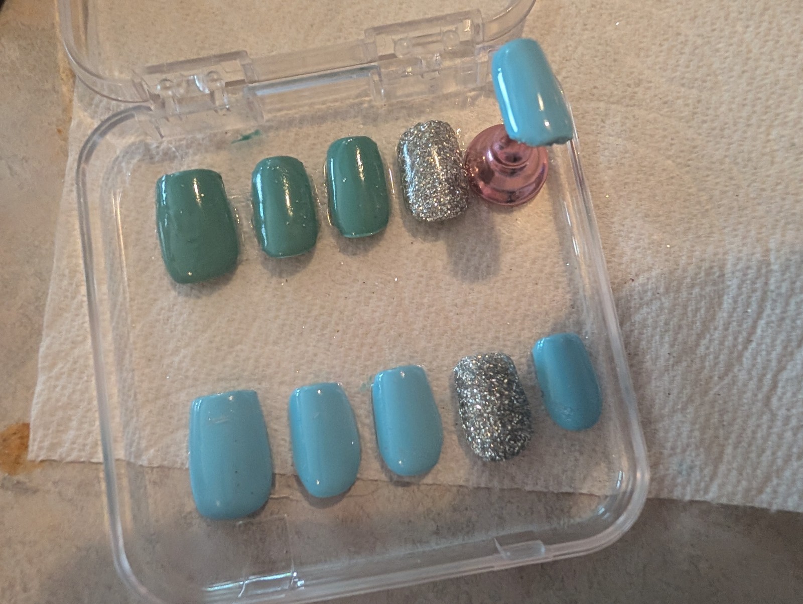 Blue Green Silver handmade Glitter Medium Square PressOn Nails Full Cover Square