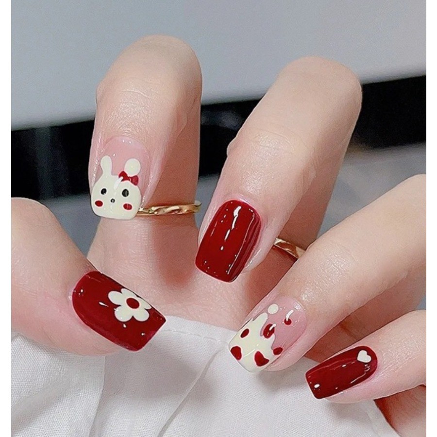 48Pcs Short Square Press on Nails,Wine Red Hand-Painted Bunny Flower False Nails