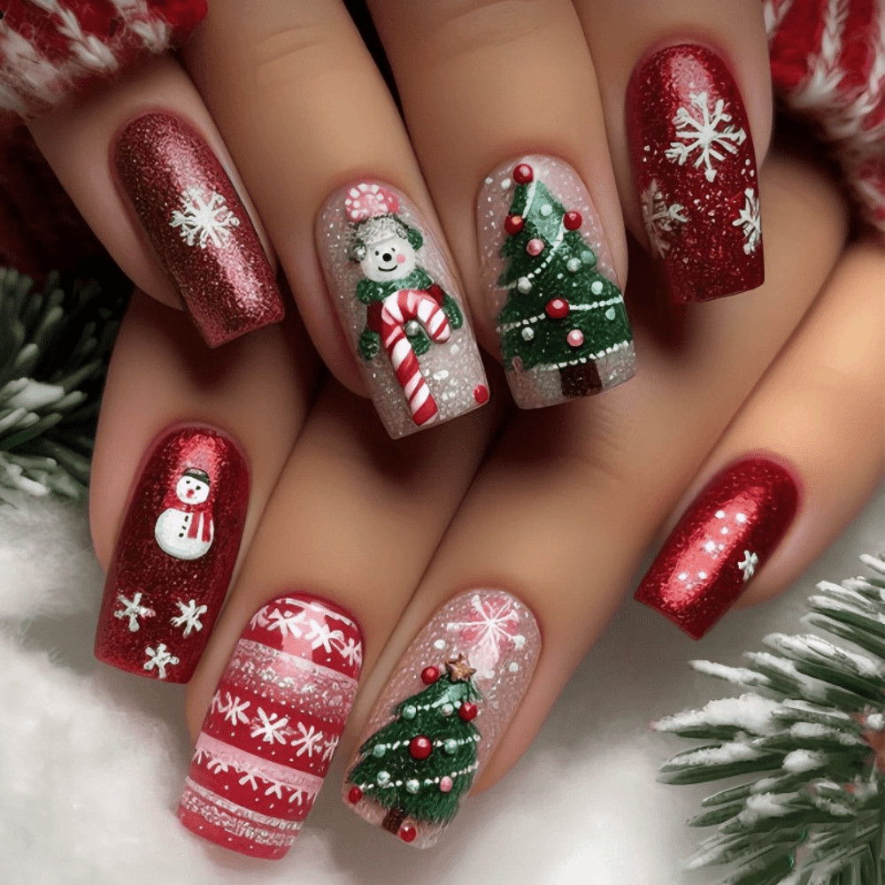 48pcs Christmas Press On Nail Santa Festive Holiday Reusable False Nail 5 Style