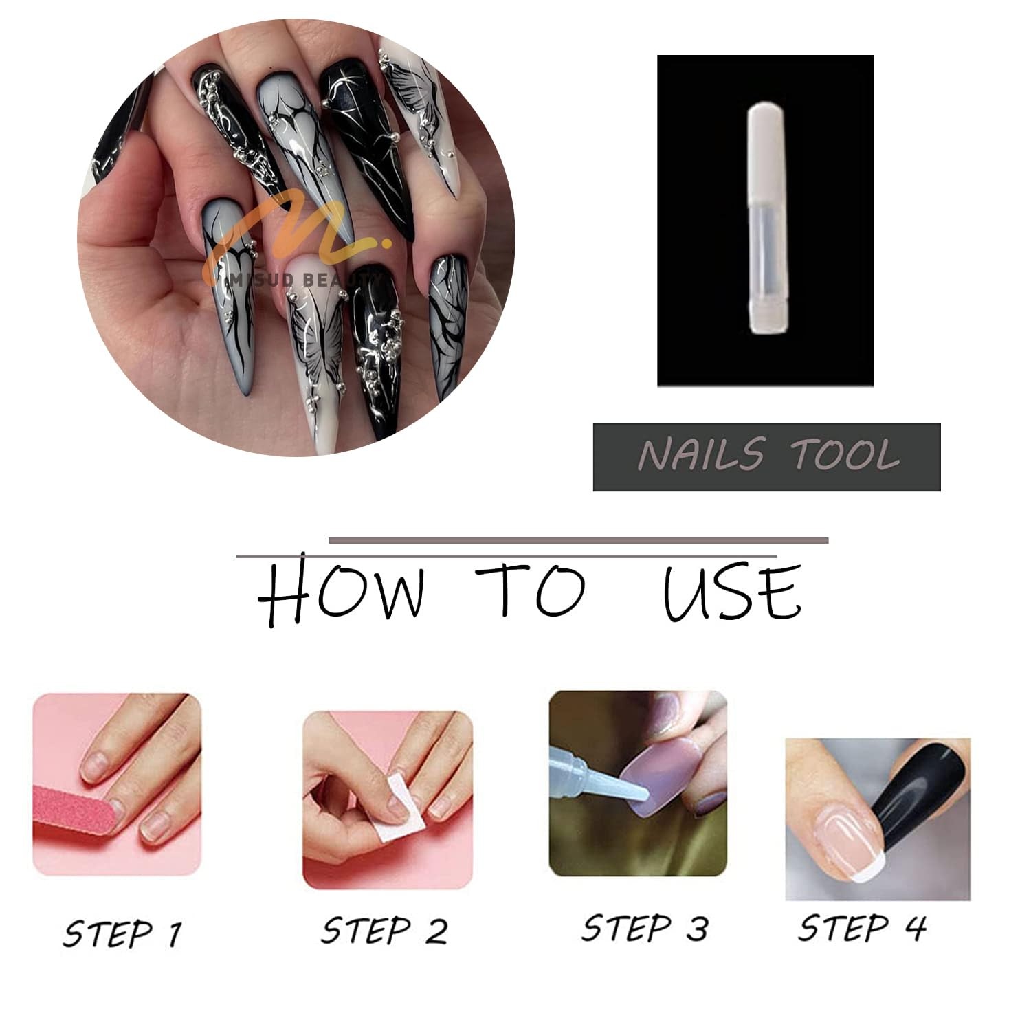Press on Nails – Long Stiletto Glue on Nails with Goth Black, Acrylic Gothic …