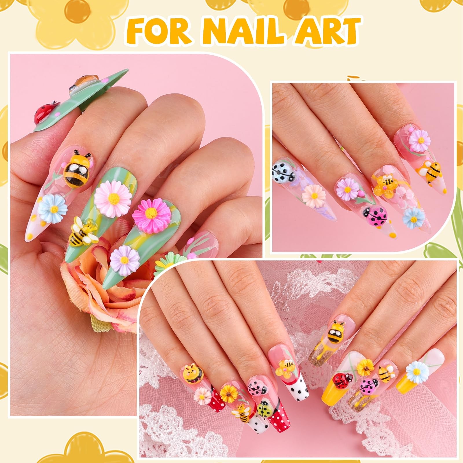 250Pcs Ladybug Nail Charms, Tiny Bee Nail Art Charms Resin Cartoon Daisy Flow…