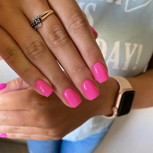 Hot Pink Press on Nails Short Square, Gel Fake Nails glossy square hot pink