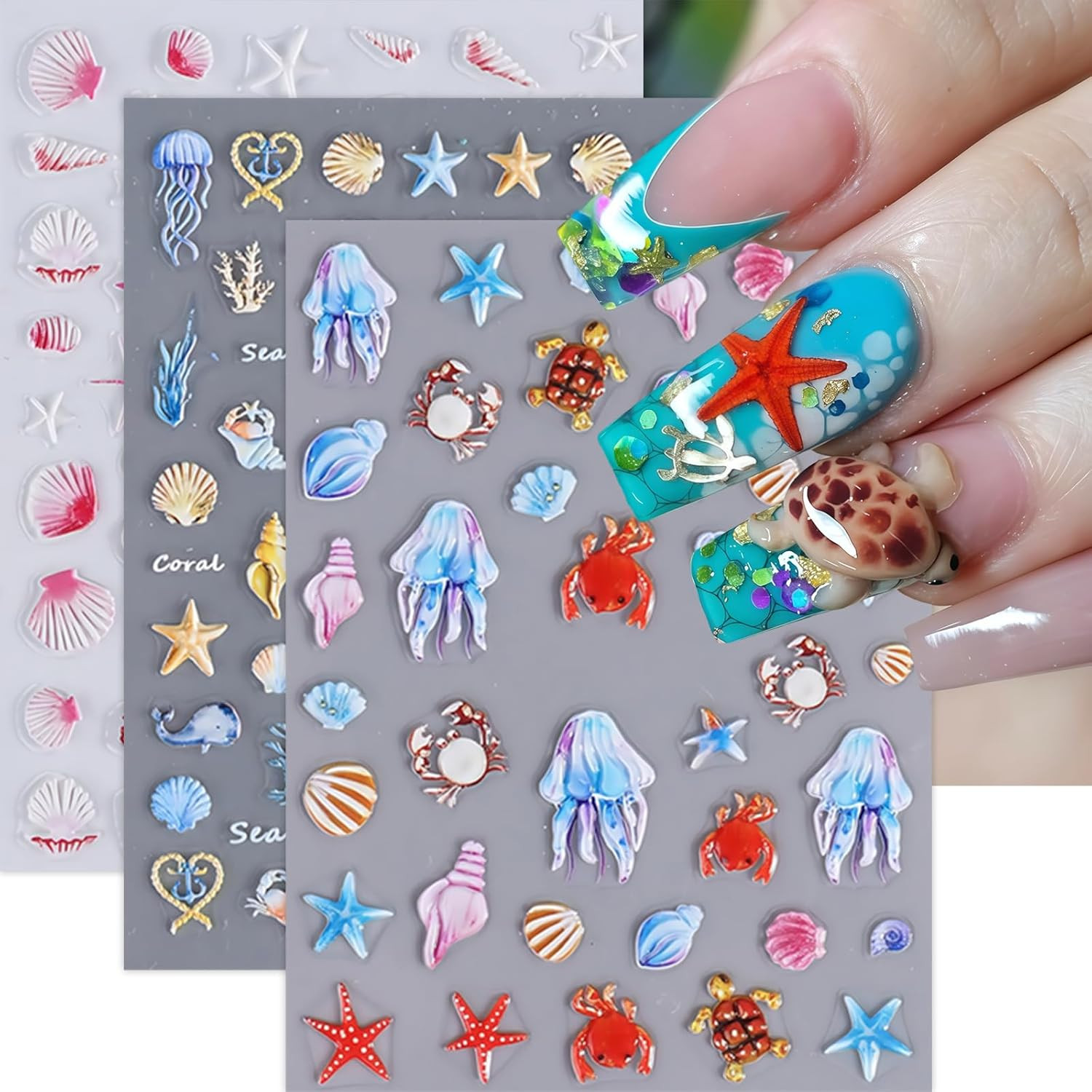 2 Sheets Flower Nail Stickers for Nail Art 5D Embossed Nail Decals Hibiscus Self