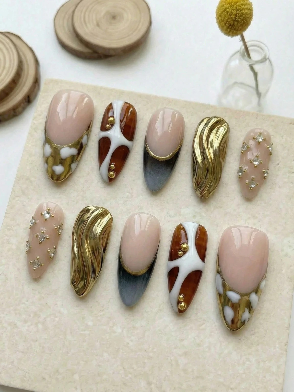 10PCS Handmade Almond Press On Nails Zebra Tortoise French Metal Charms Reusable