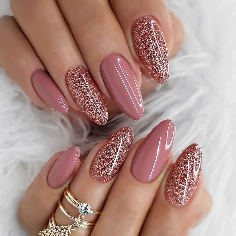48Pcs-Mauve Shimmer Solid Press on Nails Glossy Long Almond Nail Art Set Daily
