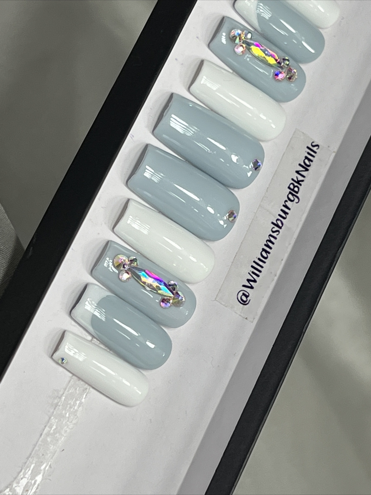💎 CUSTOM Gel press On Nails, BLUE GREY BLING , Med Square 10p Set With FULL KIT